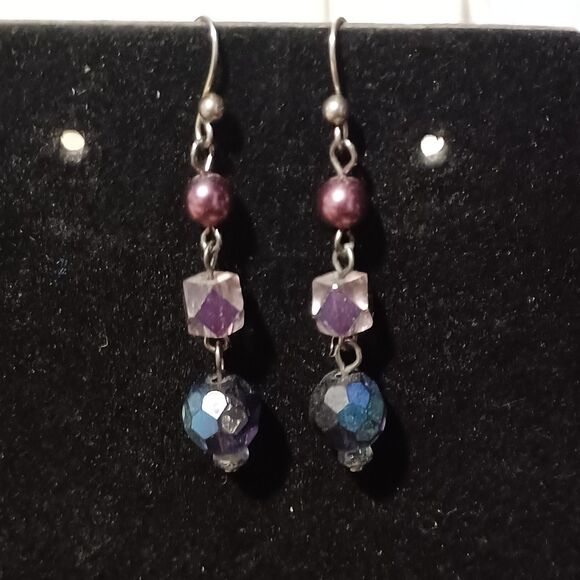Source Unknown Jewelry - Silver-Toned Iridescent Purple Beaded Dangle Earrings